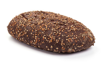 Rye bread with sesame seeds, close-up, isolated on white background