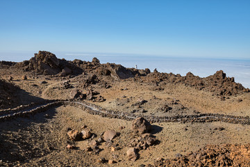 Mars like landscape of the volcano Teide Las Canadas Caldera with hardened lava, at sunset, Teide National Park, Tenerife, Spain.