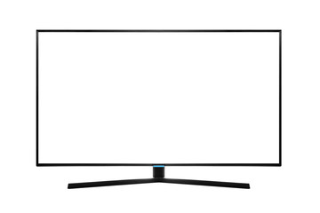 Modern blank flat screen TV set isolated on a white background.