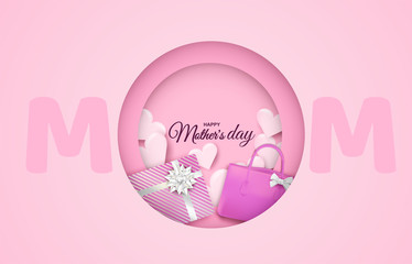 Happy Mother's day. Design with gift box, bag and heart on soft pink background. light and shadow . Vector.