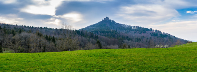 Germany, XXL panorama of hohenzollern castle on mountain top behind green pasture