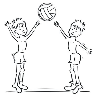 Boys and volleyball, vector illustration, sketch. Two younk kids playing beach volleyball. Black and white picture.