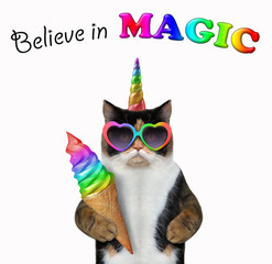 The cat unicorn is eating a big bitten color ice cream. Believe in magic. White background. Isolated.