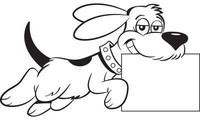 Black and white illustration of a dog leaping while holding a sign in it's mouth.