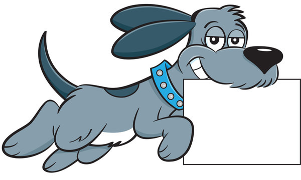 Cartoon illustration of a dog leaping while holding a sign in it's mouth.