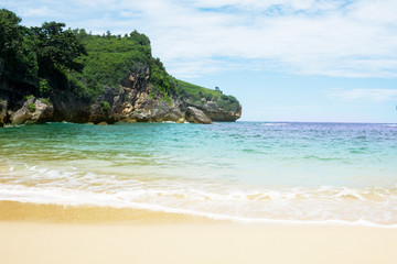 Fototapeta na wymiar blue sky and beautiful beach. Vacation holidays background wallpaper. View of nice tropical beach.
