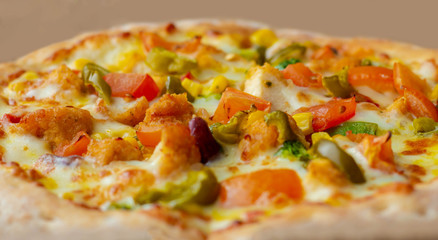 bright and juicy pizza with vegetables and cheese (mozzarella, tomatoes, pepperoni, broccoli) as background; closeup