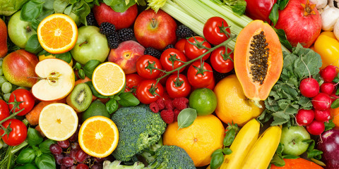 Fruits and vegetables collection food background banner apples oranges tomatoes fresh fruit vegetable