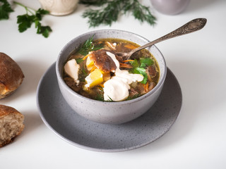 Deep bowl of soup with sour cream on turkey-flavored broth with seasonings on a white table