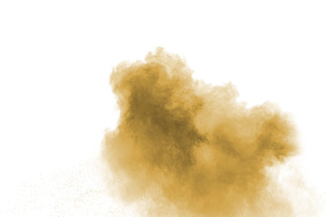 Abstract deep brown dust explosion on white background.  Freeze motion of coffee liked color dust splash.