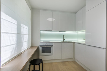 Fototapeta na wymiar White small kitchen in modern apartment