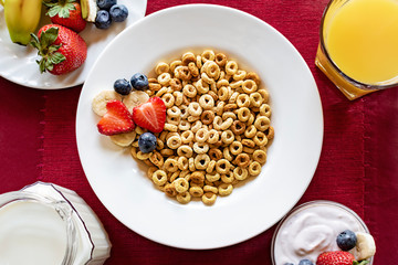 Overhead shot of a bowl of cereal with yogurt, plate of fresh fruit, pitcher of milk and a glass of orange juice as part of a balanced breakfast.