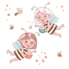 Two cute smiling cartoon girl bee flies surrounded by a honeybees and bumblebees.