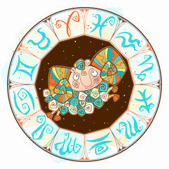 Children's horoscope icon. Zodiac for kids. Aries sign . Vector. Astrological symbol as cartoon character.