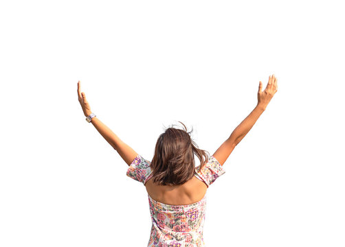The image behind the woman raise their arms on a white background with clipping path.