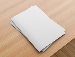 Sotfcover magazine, catalogue or brochure mock up on wooden table. A4 format. 3D illustration.