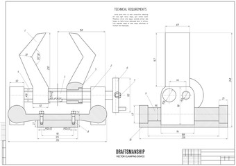 technical drawing of the clamping device, construction project or plan with horizontal frame on the white background. stock vector illustration eps10