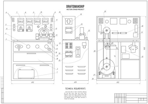 technical drawing of the stand, design project, construction plan with horizontal frame on the white background. stock vector illustration eps10