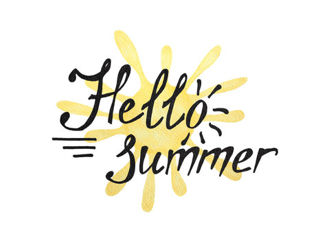 Hello summer - lettering with yellow sun, hand drawn isolated on white background