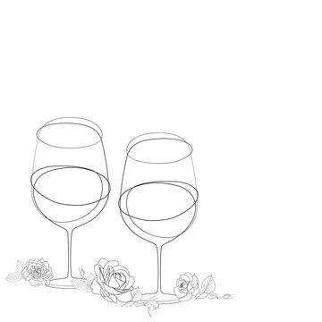 Wine glasses and rose flowers. Wedding. Vintage sketch. Pink champagne.