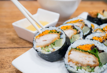 Close Up Gimbap (Kimbap) Korean dish is a popular take-out food in South Korea and abroad