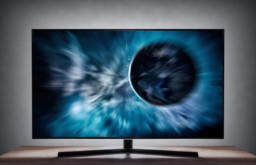 Space and planets on the TV screen as 3D video. Elements of this image furnished by NASA