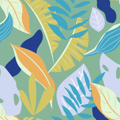 Summer seamless pattern with tropical plants on green background. Vector design. Flat jungle print. Floral background.