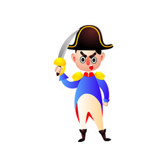 Cute napoleon character with hat and metal curve sword