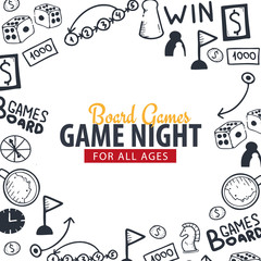 Board Games banners. For all Ages. Hand draw doodle background. Vector illustration.