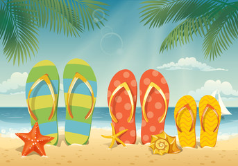Vector hello summer card or poster with summer flip flops