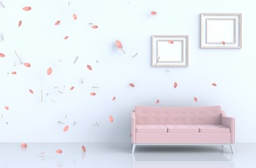 White room background decor with blow pink leaves, branch, rose, sofa. 3d render. For valentine day and love day.