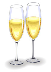 Two beautiful crystal glasses of champagne wine. Decoration of the festive table for the New Year, Christmas, Valentine s Day. Vector illustration