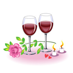 Beautiful crystal glasses with delicious red wine. Pink rose, candles and two red hearts. Romantic evening of lovers. Valentine s Day. Vector illustration