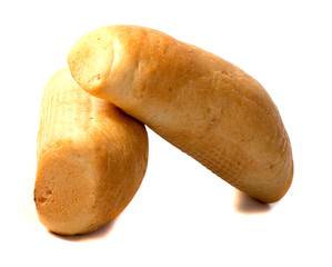 single loaf of fresh baked baguette bread isolated on white background
