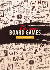 Board Games banners. For all Ages. Hand draw doodle background. Vector illustration.