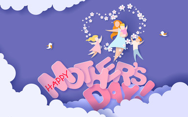 Happy mothers day card. Paper cut style.