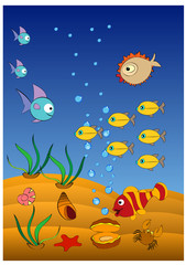 Fototapeta na wymiar funny clown fish and hedgehog fish swim in the blue sea