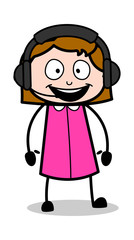 Listening Music with Headset - Retro Office Girl Employee Cartoon Vector Illustration﻿