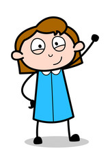 Hello Waving Hand Gesture - Retro Office Girl Employee Cartoon Vector Illustration﻿