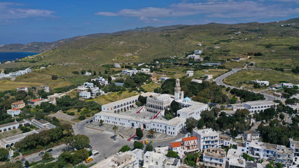 Fototapeta na wymiar Aerial drone panoramic photo of iconic orthodox church of Lady of Tinos island or Church of Panagia Megalochari (Virgin Mary), Cyclades, Greece
