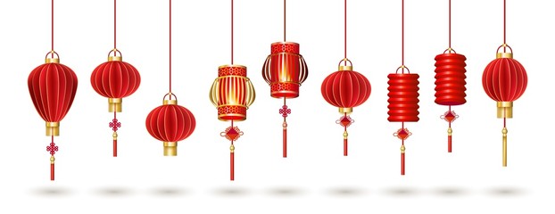 Set of hanging red Chinese lanterns isolated on white background - 266944970