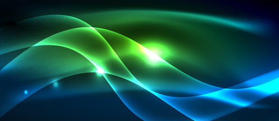 Glowing abstract wave on dark, shiny motion, magic space light. Techno abstract background