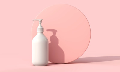 Blank white cosmetic skincare makeup bottle on pastel pink background. 3D Render