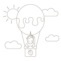 cute cartoon black and white unicorn flying with air balloon in the sky vector flat illustration for coloring art