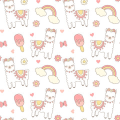 cute cartoon seamless vector pattern background illustration with lama alpaca, ice cream, rainbow, hearts, flowers and butterflies