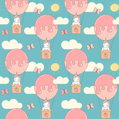 cute cartoon seamless vector pattern background illustration with unicorn flying with air balloon in the sky