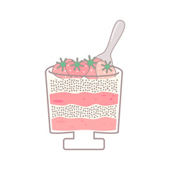 cute cartoon strawberry chia healthy milk pudding food recipe flat vector illustration isolated on white background