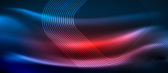 Neon glowing techno lines, hi-tech futuristic abstract background template with square shapes