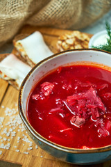 Red soup. Beautiful serving dishes. Restaurant menu