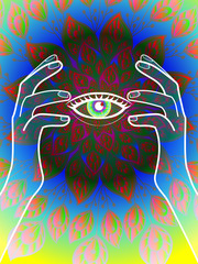 bright illustration with the image of hands on the background of floral ornament with all-seeing eye, magic plot